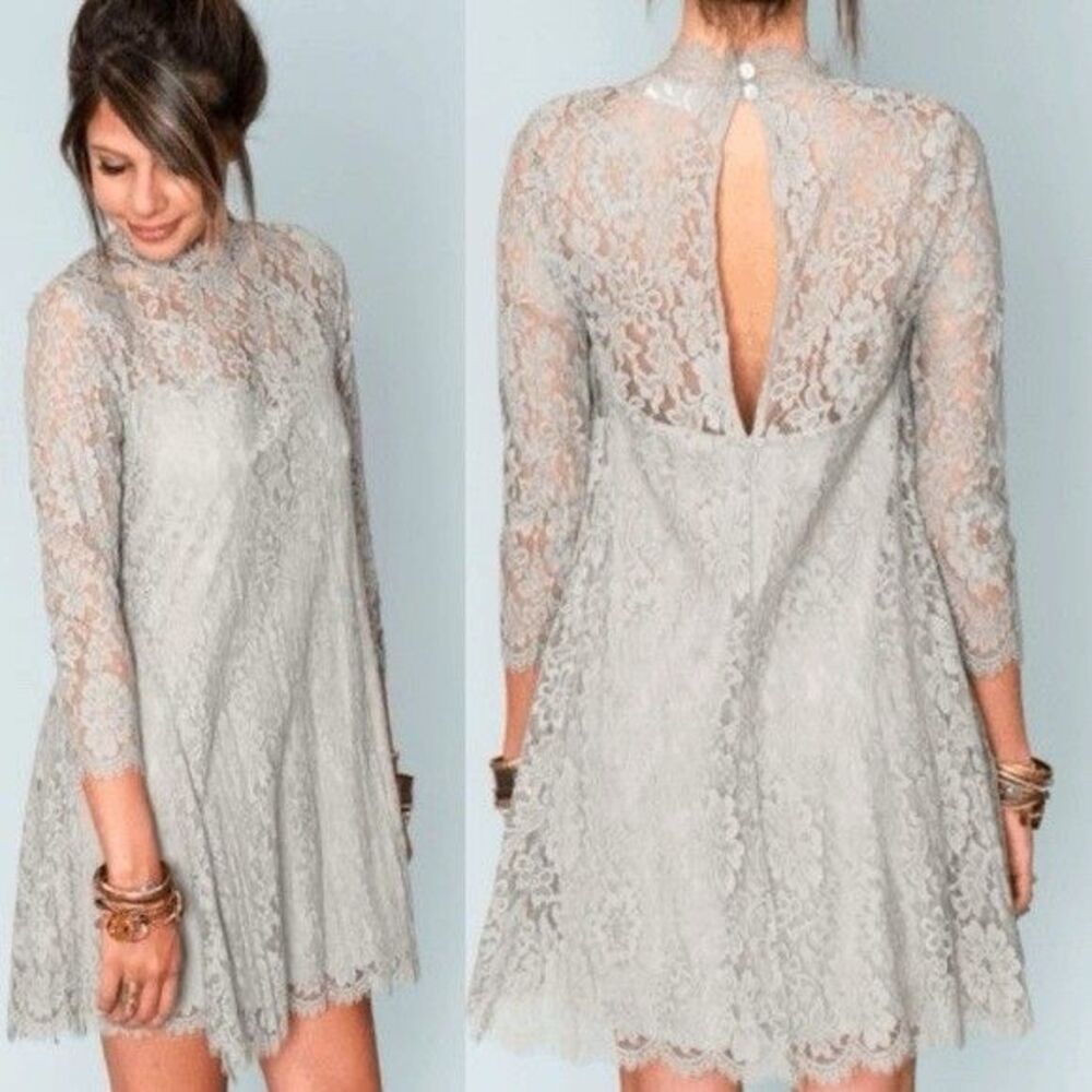 Show Me Your Mumu Lindy Lace Mini Dress Womens Sz L Gray Long Sleeve High Neck